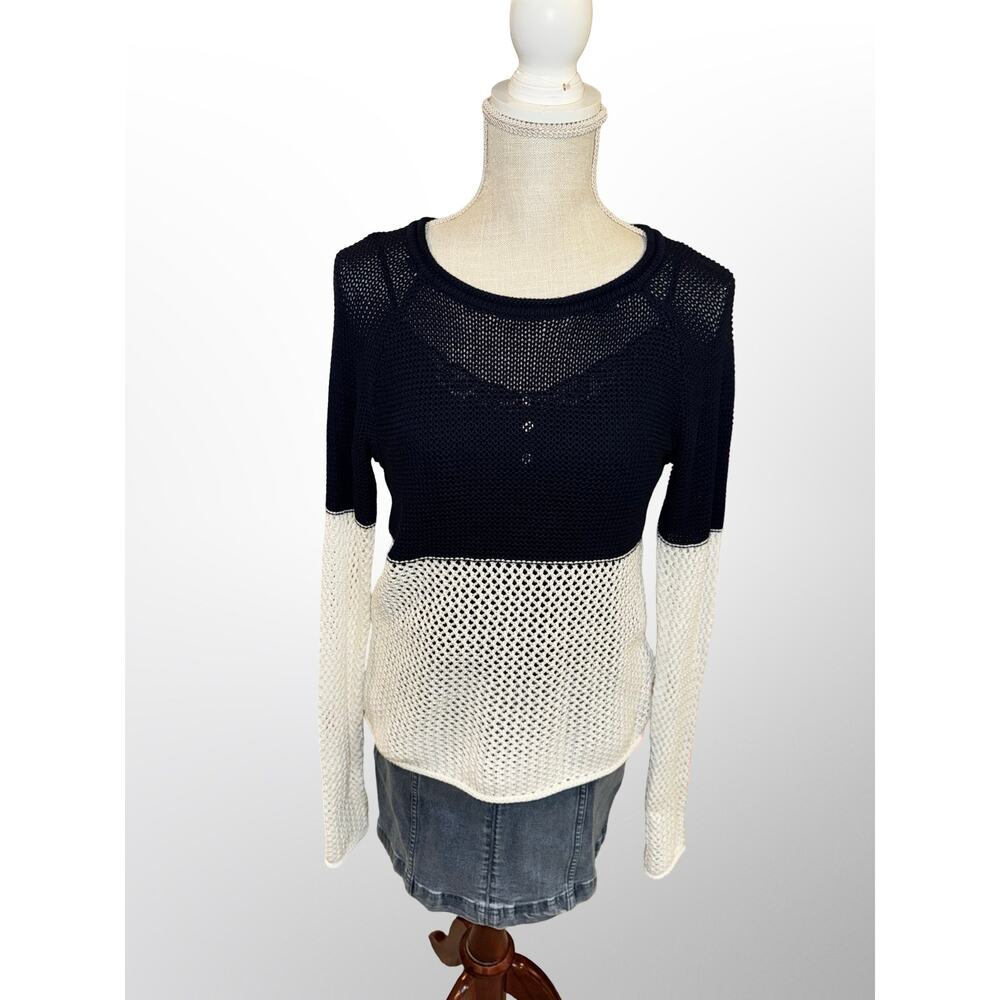 Vertical Design Navy & White Open‎ Knit Cotton Pullover Sweater Petite M